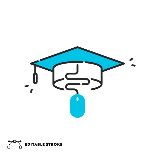 illustrazioni stock, clip art, cartoni animati e icone di tendenza di icona della linea piatta dell'istruzione online con tratto modificabile - graduation adult student mortar board diploma