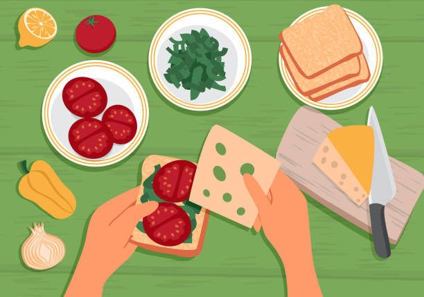 Hands are preparing a sandwich. On the table are ingredients: tomato, onion, pepper, lemon, herbs, cheese and bread. Top view. Hands are preparing a sandwich. On the table are ingredients: tomato, onion, pepper, lemon, herbs, cheese and bread. Top view. The concept of cooking at home. Vector Illustration, flat style making a sandwich stock illustrations