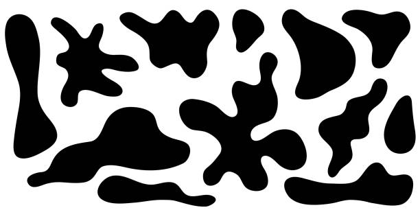 불규칙한 비정질 방울 모양, 액체 아메바 비대칭 형태. 검은 잉크 웅덩이 스플래시, 흰색 배경에 고립 된 유체 얼룩. 벡터 일러스트레이션 - fractal stock illustrations