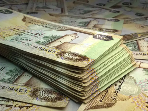 Money of United Arab Emirates. United Arab Emirates dirham bills. AED banknotes. 1000 dirhams. Business, finance, news background.
