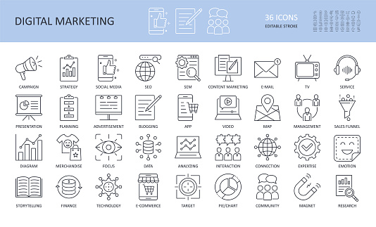 Digital marketing linear icons. Editable stroke. Campaign to promote focus search engine TV e-mail management planning presentation. Social media advertisement strategy typescript service merchandise.