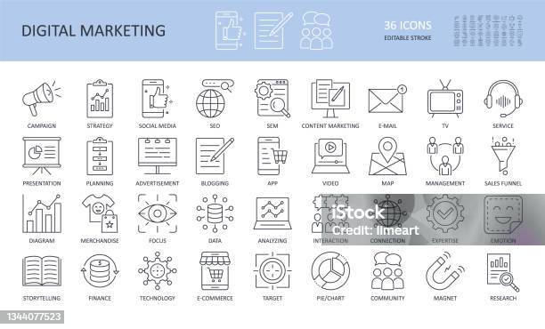 Digital Marketing Linear Icons Editable Stroke Campaign To Promote Focus Search Engine Tv Email Management Planning Presentation Social Media Advertisement Strategy Typescript Service Merchandise Stock Illustration - Download Image Now