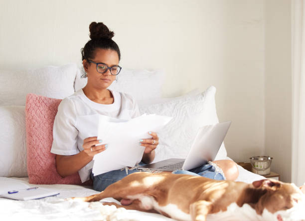 tiro de uma linda jovem usando um laptop e completando a papelada com seu cão na cama em casa - dog insurance - fotografias e filmes do acervo