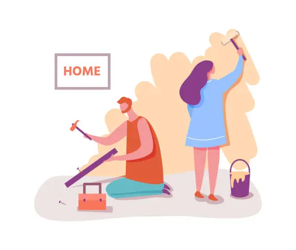 Vector illustration of Couple man and woman doing renovation in flat