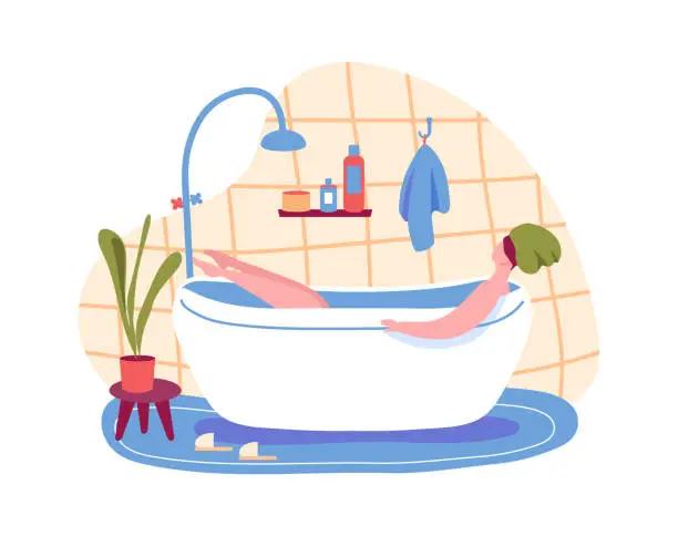 Vector illustration of Woman taking bath, relax and enjoy after work day