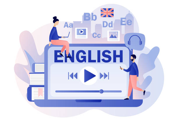 sprachkurse oder schule online. winzige leute, die englisch mit laptop und büchern lernen. fernunterricht. moderner flacher cartoon-stil. vektorillustration auf weißem hintergrund - england stock-grafiken, -clipart, -cartoons und -symbole