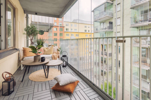 large glass enclosed balcony - sweden nobody building exterior architectural feature imagens e fotografias de stock