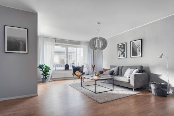 modern living room - scandinavian imagens e fotografias de stock