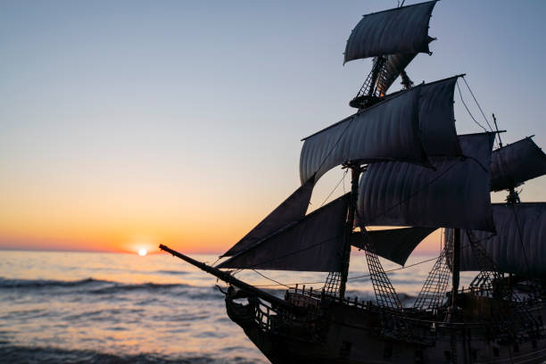 istock vintage pirate sailing ship at sea 1344083279