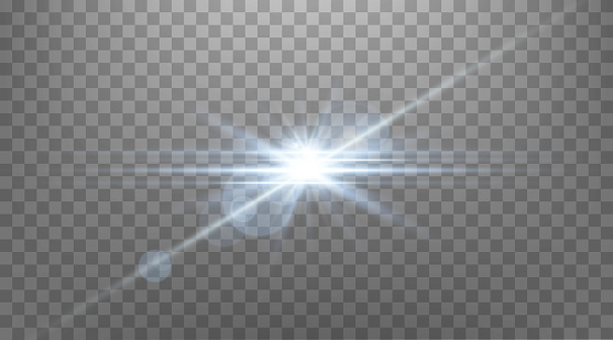 Blue horizontal lens flare.
Isolated on transparent background. Sun flash with rays or spotlight and bokeh. Glow flare light effect. Vector illustration.