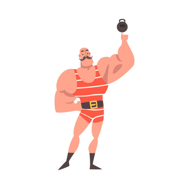 mustached strongman lifting kettlebell with finger as circus artist character performing on stage or arena vector illustration - circus strongman men muscular build stock-grafiken, -clipart, -cartoons und -symbole