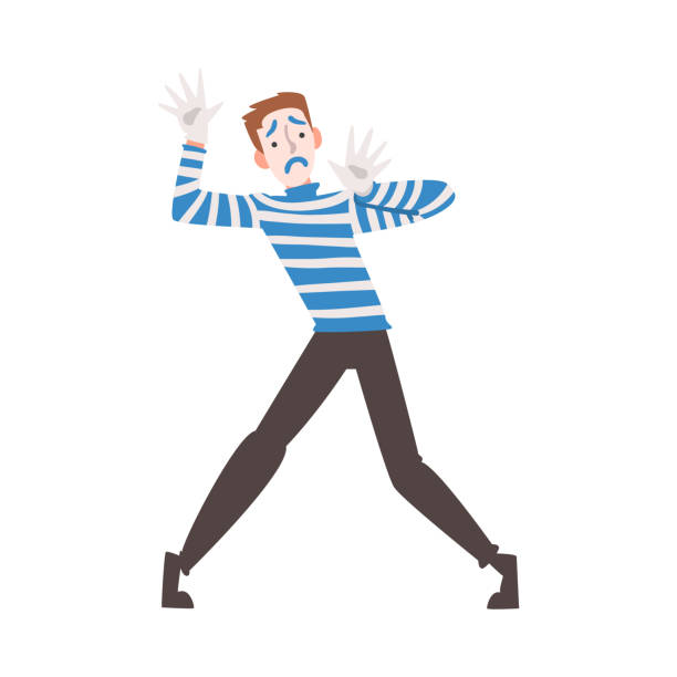Man Mime as Circus Artist Character Performing Silent Comedy on Stage or Arena Vector Illustration Man Mime as Circus Artist Character Performing Silent Comedy on Stage or Arena Vector Illustration. Amusing Male Performer Moving Body Showing Speechless Story Concept charades stock illustrations