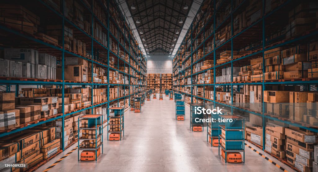 modern warehouse with automated goods movement system. modern warehouse with automated goods movement system. 3d render. Warehouse Stock Photo
