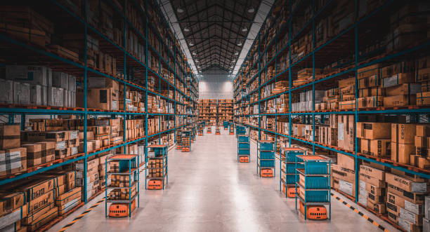 modern warehouse with automated goods movement system. modern warehouse with automated goods movement system. 3d render. distribution warehouse stock pictures, royalty-free photos & images
