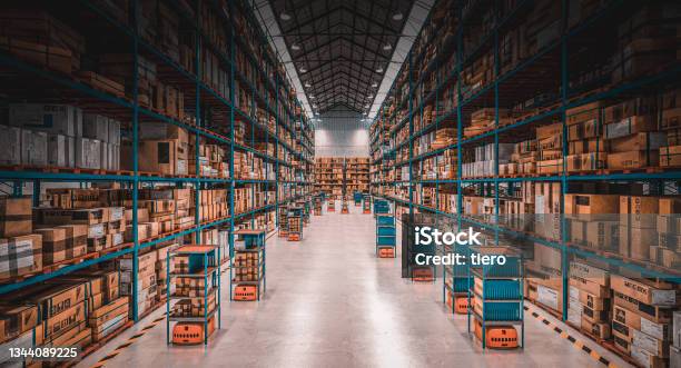 Modern Warehouse With Automated Goods Movement System Stock Photo - Download Image Now