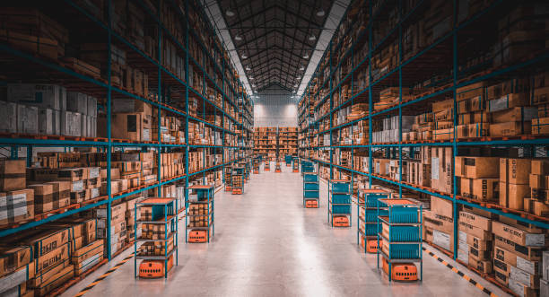 modern warehouse with automated goods movement system. - armazém de distribuição imagens e fotografias de stock