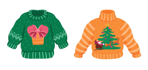 ilustraciones, imágenes clip art, dibujos animados e iconos de stock de suéteres pegajosos lindos y vectoriales listos para la fiesta de navidad. - ugliness sweater kitsch holiday