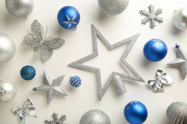istock Blue and silver Christmas decoration on white background, top view, flat lay 1344090285