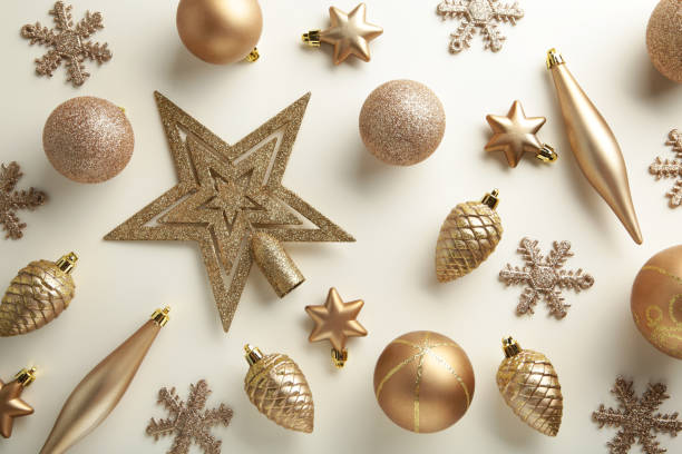 istock Gold Christmas decoration on white background, top view, flat lay 1344090324