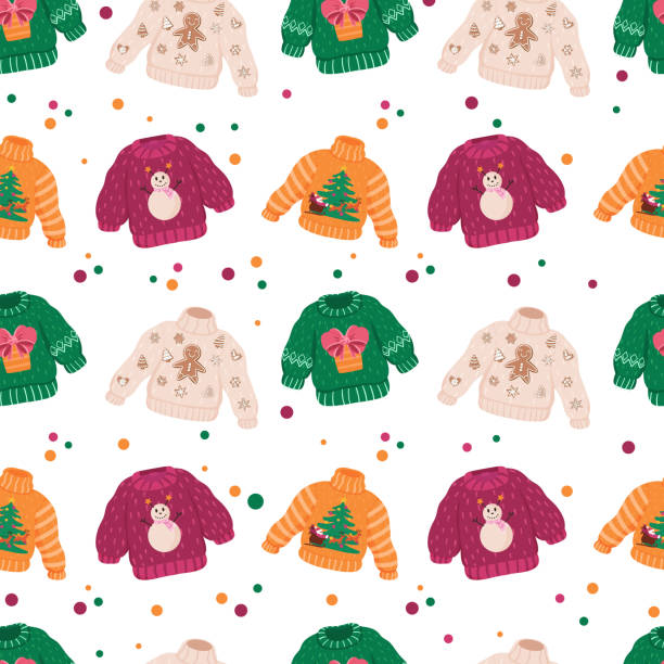 ilustraciones, imágenes clip art, dibujos animados e iconos de stock de patrón vectorial sin costuras con suéteres feos configurados para la fiesta de navidad. - ugliness sweater kitsch holiday