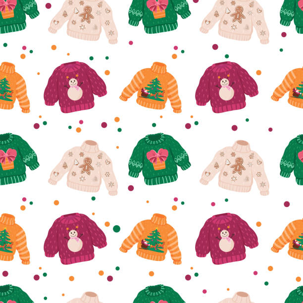illustrations, cliparts, dessins animés et icônes de motif vectoriel sans couture avec des pulls laids pour la fête de noël. - ugliness sweater kitsch holiday