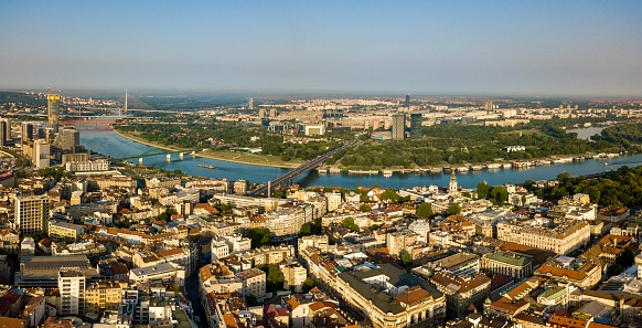 The drone aerial view of Belgrade along the River Danube, Serbia