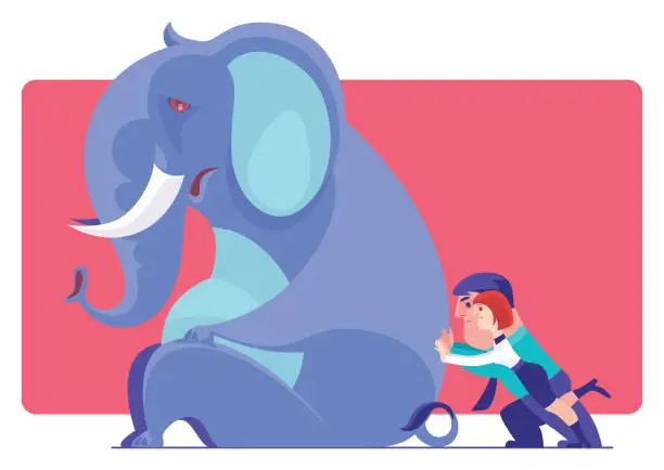 Vector illustration of business couple pushing elephant
