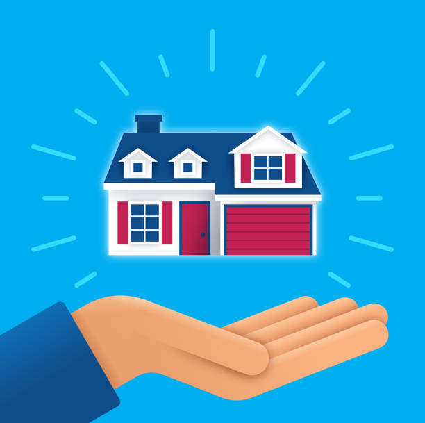 Hand Holding Up a New House Open palm of hand holding new house home. landlord stock illustrations