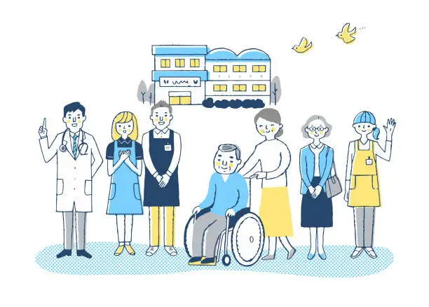 Vector illustration of Wheelchair grandpa, long-term care staff, long-term care facility