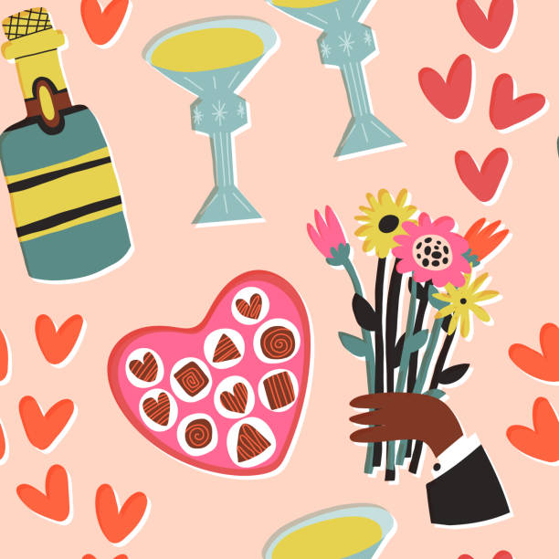 Happy Valentine's Day seamless pattern perfect date set. Champagne or wine bottle, crystal glasses, chocolate candies in heart box, hearts, a hand holding a bunch of flowers. Happy Valentine's Day seamless pattern perfect date set. Champagne or wine bottle, crystal glasses, chocolate candies in heart box, hearts, a hand holding a bunch of flowers. perfect gift stock illustrations