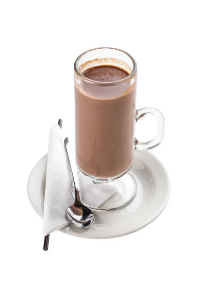 istock tall cup with hot chocolate cocoa drink on white plate with spoon isolated on white background 1344095756