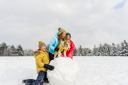 Photo of kids and their dog having fun outdoors on a winter day, building a snowman