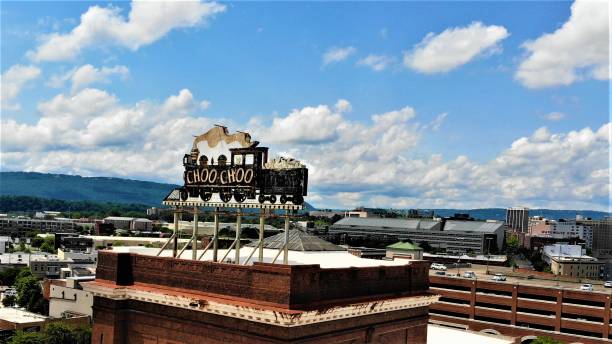 Picture of the historic Chattanooga Choo-Choo sign taken from a drone on a beautiful day.