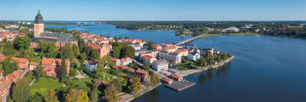 Panoramic view over Strängnäs and lake Mälaren Aerial view of the town Strängnäs on the shore of lake Mälaren in Södermanland, Sweden. lake malaren photos stock pictures, royalty-free photos & images