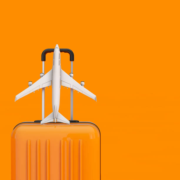 istock Travel Concept. Orange Travel Suitcase with White Jet Passengers Airplane Model. 3d Rendering 1344100905