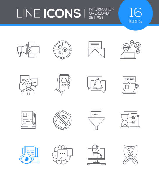 ilustraciones, imágenes clip art, dibujos animados e iconos de stock de sobrecarga de información: conjunto de iconos de estilo de diseño de línea moderno - sobrecarga de información