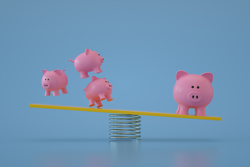 3D rendering of Piggy bank for saving on balance board. Minimalism. Copy space.