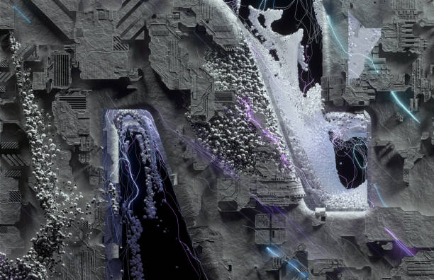 istock 3d render of abstract art 3d background with part of surreal grey concrete stone object with cubical displacement texture on surface with small metal balls particles around with neon blue and purple glow lightning lines in the dark 1344102719