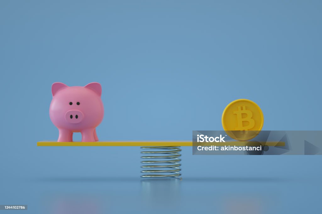 Piggy Bank with Bitcoin on Balance Board 3D rendering of Piggy bank for saving with Bitcoin on balance board. Minimalism. Copy space. Bitcoin Stock Photo
