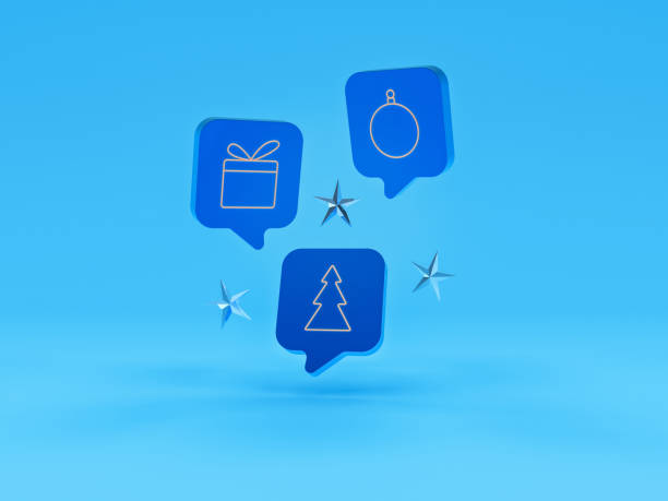 Speech bubbles with New Year ornaments and decorative stars are on a blue background. The concept of communication in messengers and social networks, preparation for Christmas and New Year. 3d render. stock photo