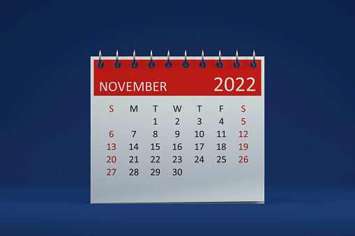 3D Rendering of 2022 November Calendar on Blue Background.