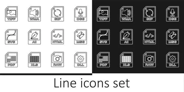 Vector illustration of Set line DLL file document, MSG, GIF, AI, SVG, TIFF, HTML and WMA icon. Vector