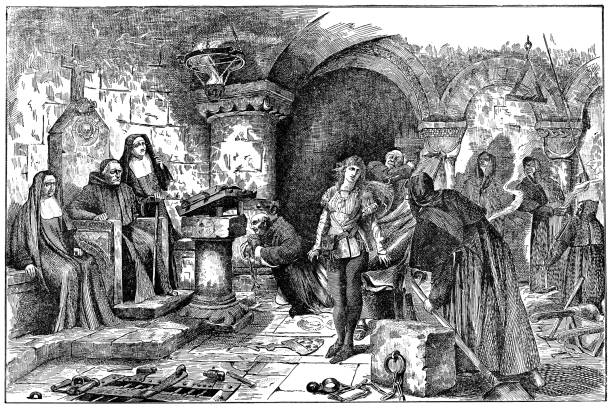 The Trial of Joan of Arc in Rouen, France - 15th Century The trial of Joan of Arc in Rouen, France (circa 1431). Vintage etching circa 19th century. spiritual warfare stock illustrations