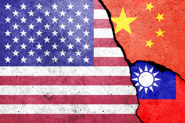 United States of America, China and Taiwan  flags painted on the concrete wall stock photo
