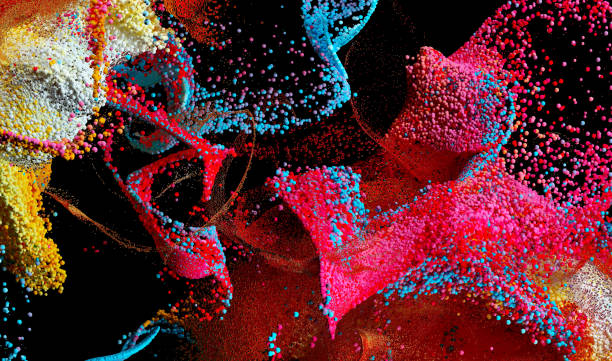 istock 3d render of abstract art 3d background with surreal color splash explosion in curve lines based on small balls or spheres particles in pink blue purple orange and yellow mix color on black 1344108904