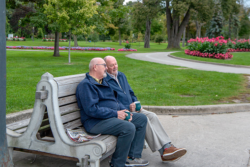 Elderly happy male friends in sports clothing talking while sitting in park