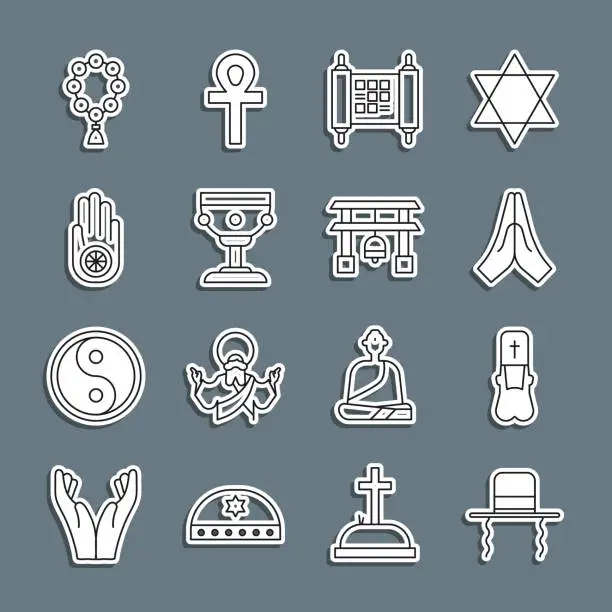 Vector illustration of Set line Orthodox jewish hat with sidelocks, Hands in praying position, Decree, paper, parchment, scroll, Christian chalice, Jainism or Jain Dharma, Rosary beads religion and Japan Gate icon. Vector