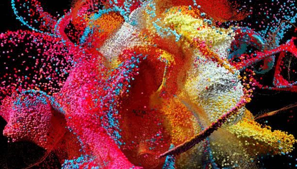istock 3d render of abstract art 3d background with part of surreal explosion color splash effect based on mix of small balls or spheres particles in pink purple blue white and yellow color on black 1344111540