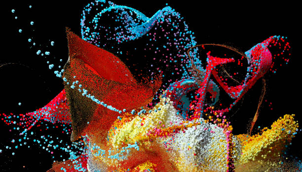 istock 3d render of abstract art 3d background with color splash explosion based on small balls or spheres particles in blue yellow white and purple mix color on black 1344111866