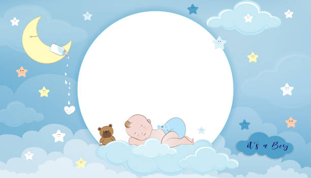 illustrations, cliparts, dessins animés et icônes de carte de douche de bébé, mignon petit garçon dormant sur un croissant de lune, biberon de lait et ours en peluche sur fond de couches blue sky et clouds, toile de fond de paysage nuageux découpée en papier vectoriel avec espace de copie pour les photo - newborn